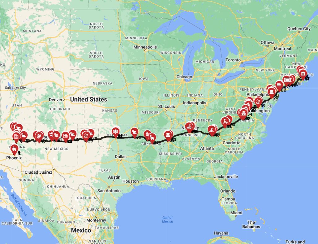 Map for Phoenix to Boston